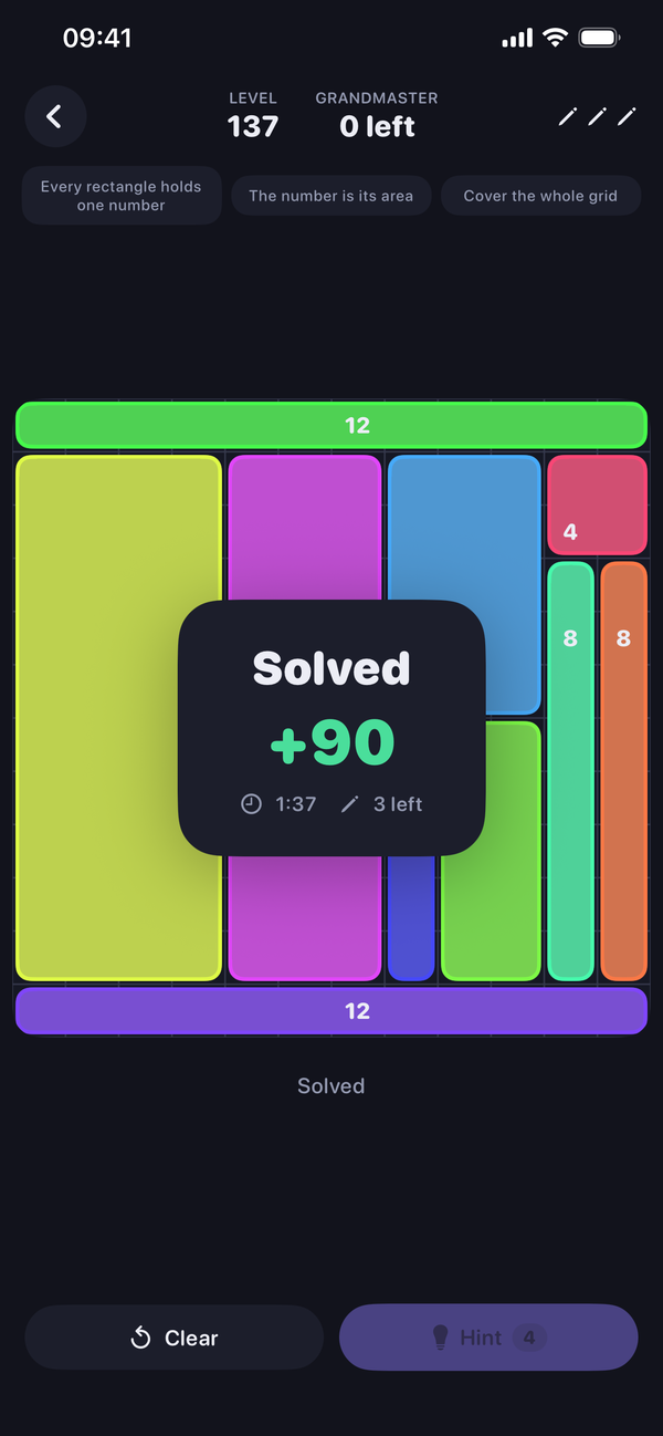 A completed puzzle showing the score for a clean solve.